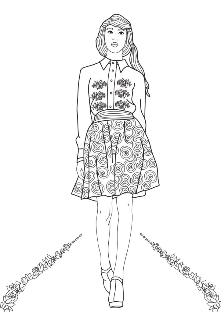 Black-and-white fashion illustration of a woman walking on runway