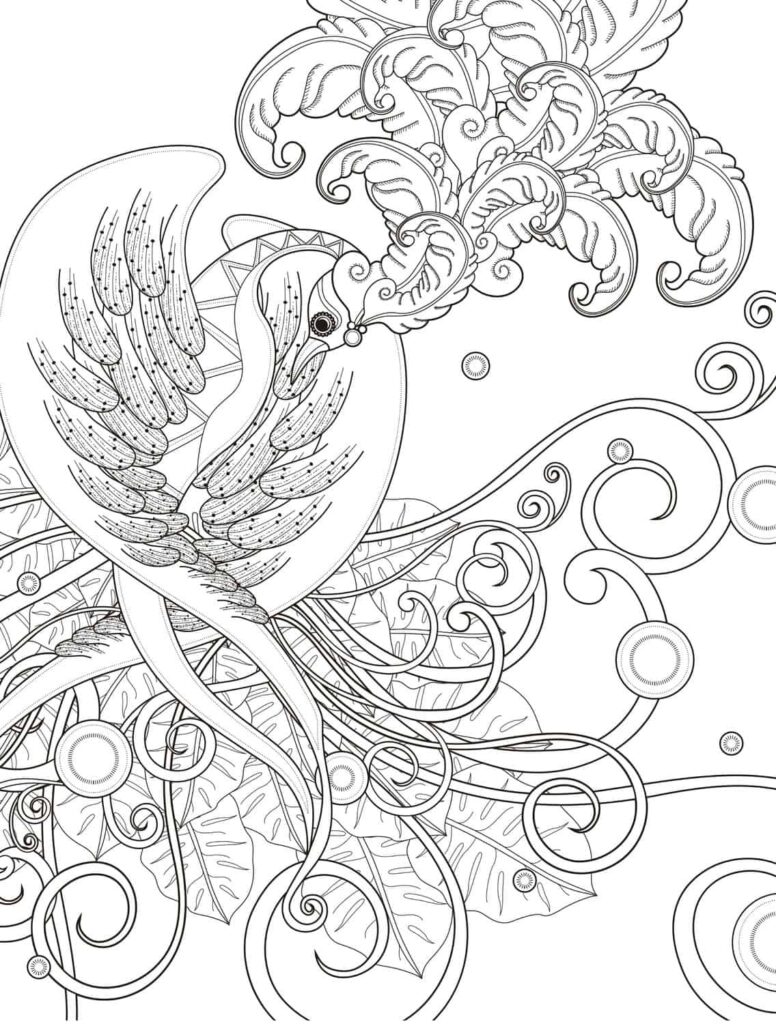 Intricate black-and-white floral bird coloring page illustration