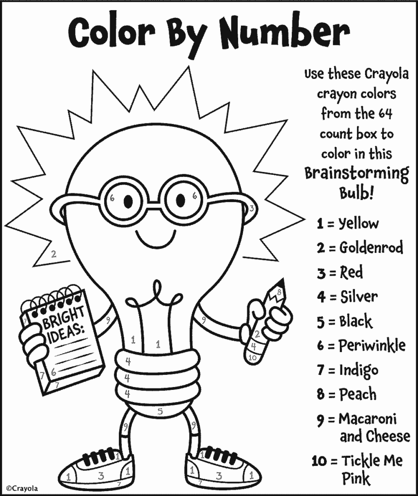 Color by number worksheet with lightbulb character and instructions