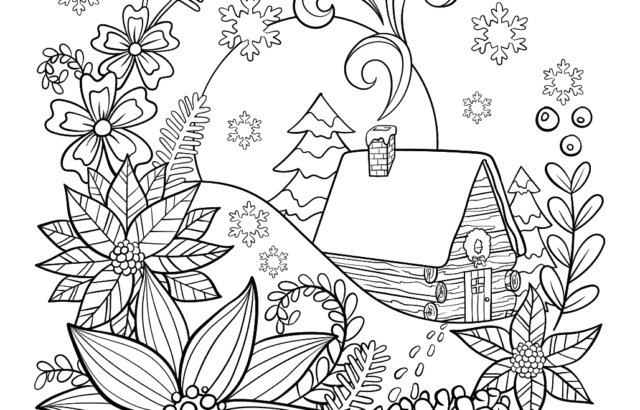Winter cabin surrounded by flowers, pine branches, and snowflakes