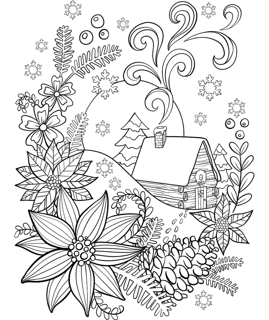 Winter cabin surrounded by flowers, pine branches, snowflakes