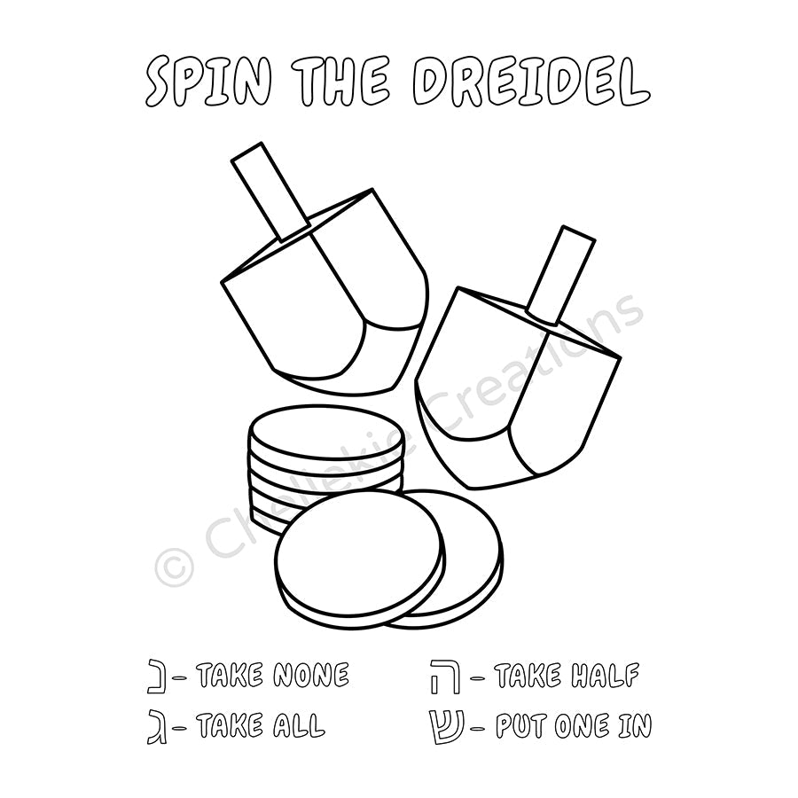 Dreidel coloring page with coins and text