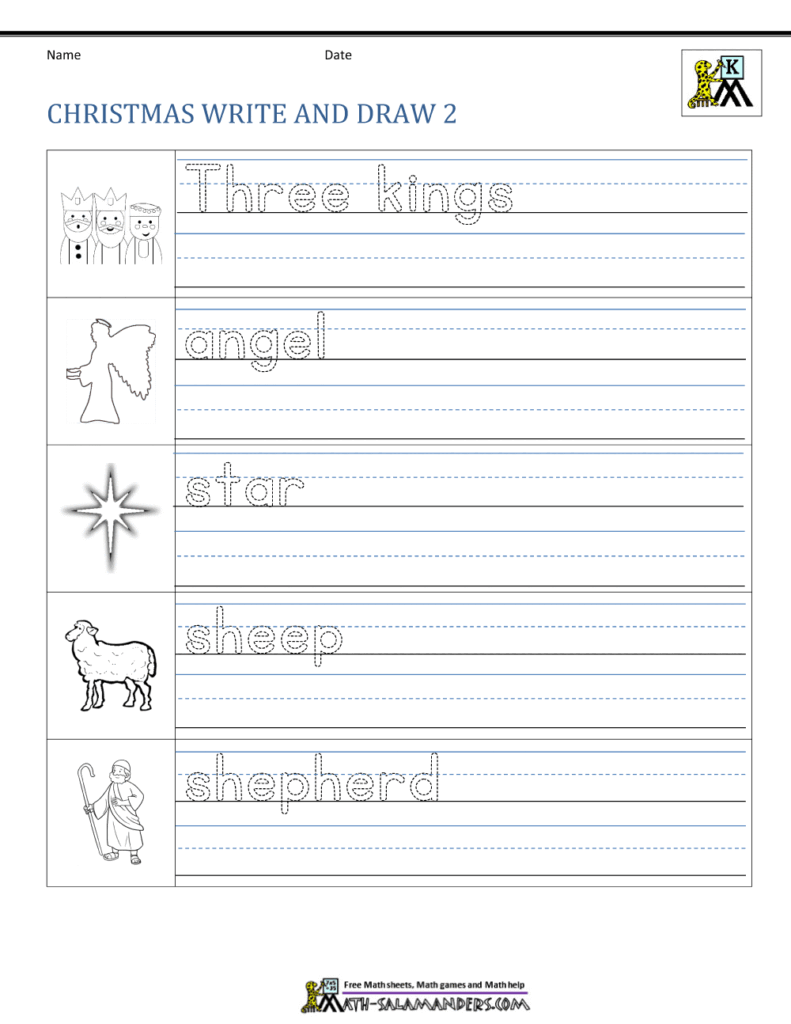Christmas handwriting worksheet with three kings and angels