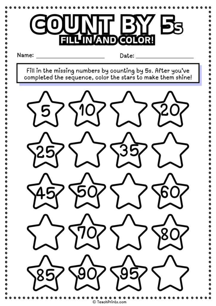 Count by fives worksheet with numbered stars and blanks
