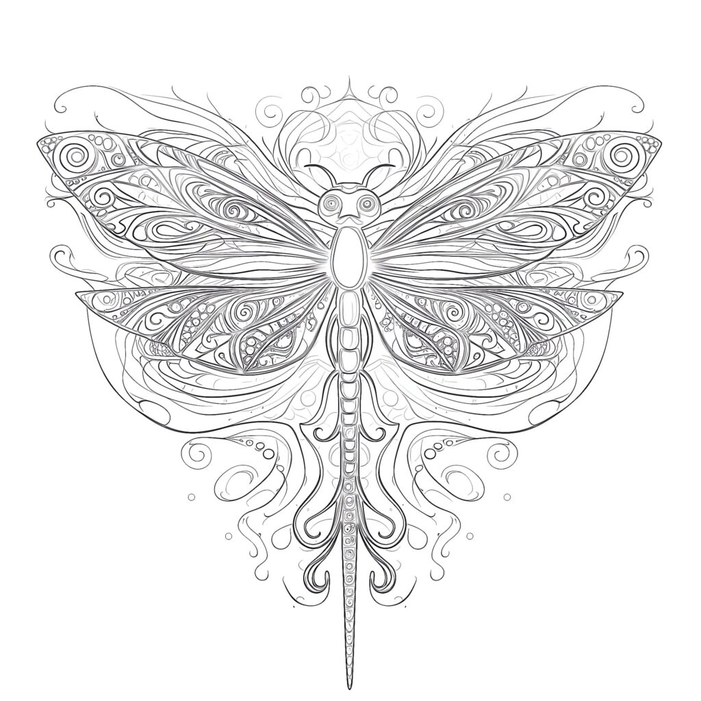 Ornate black-and-white dragonfly illustration with swirling wings