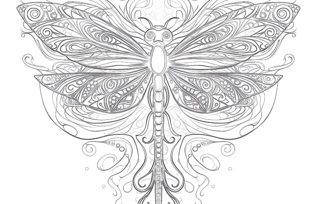 Ornate black-and-white dragonfly illustration with swirling wings