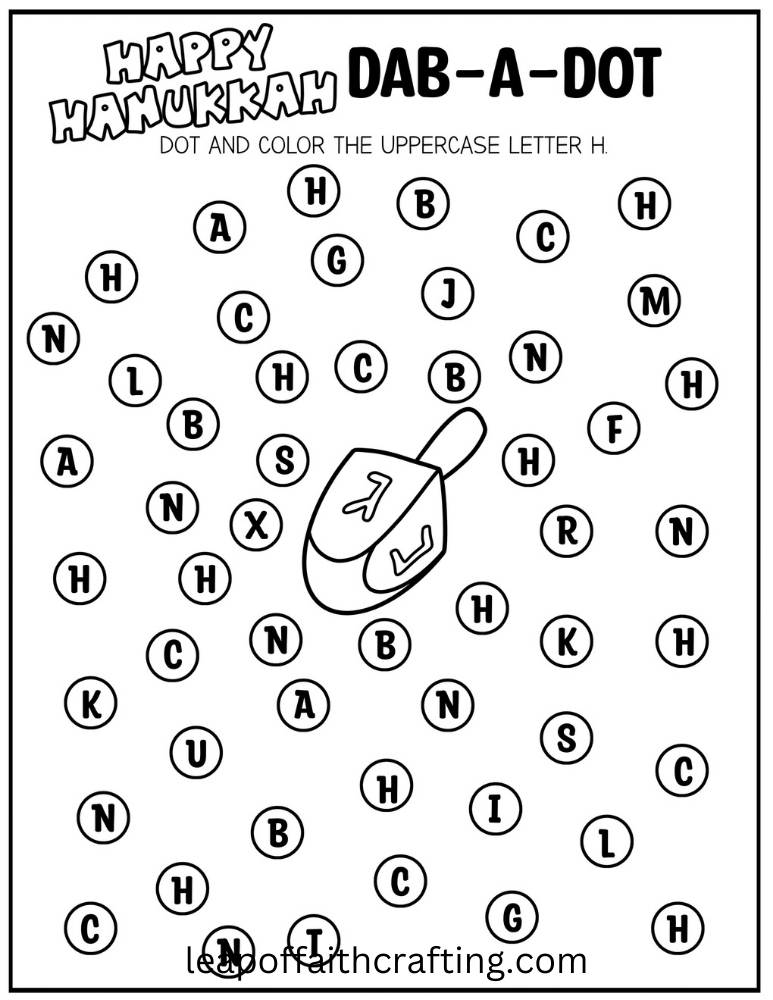 Scattered circles contain uppercase letters around a central dab-a-dot stamper.
