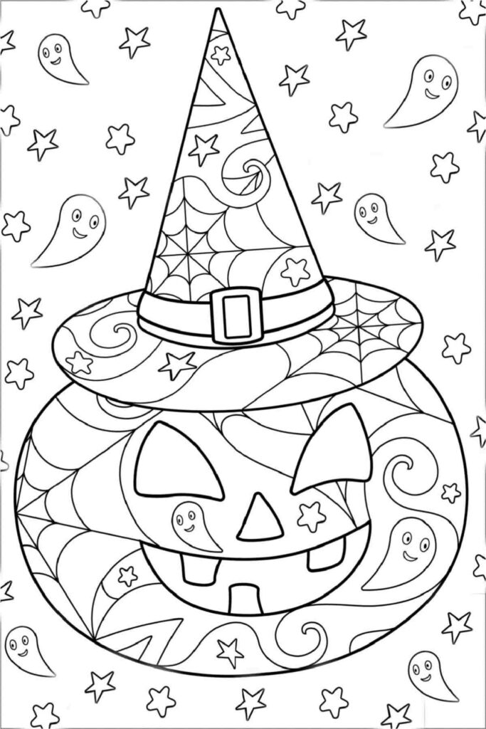 Halloween pumpkin coloring page with ghost and stars