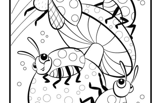 Black-and-white coloring page of four cartoon insects on mushrooms