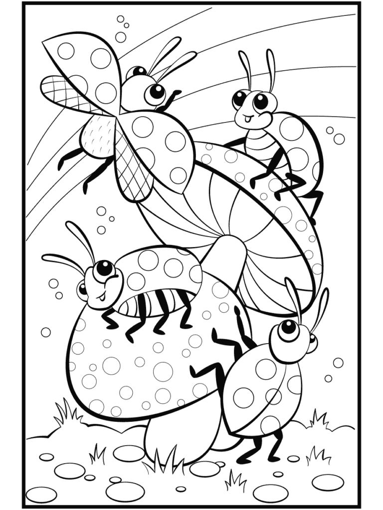 Black-and-white coloring page of four cartoon insects on mushrooms