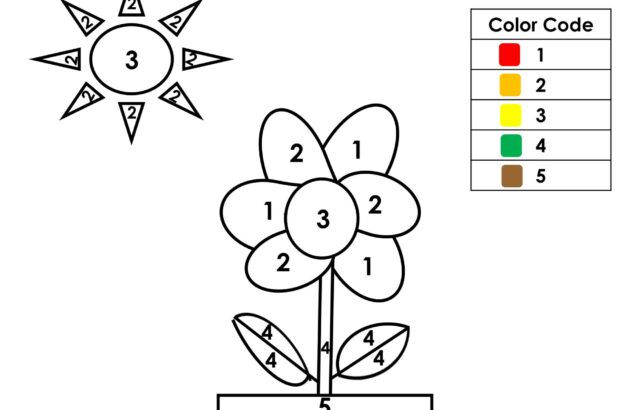 Color-by-number flower worksheet with sun and color code