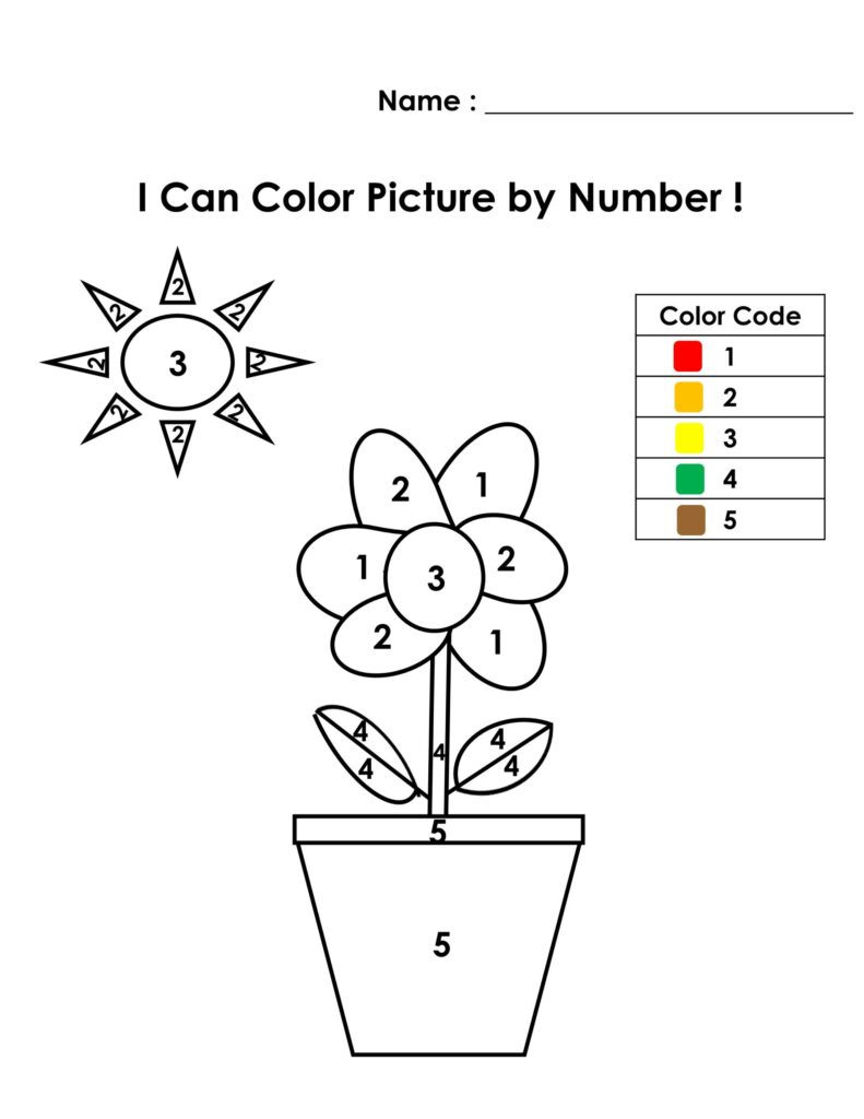 Color-by-number flower worksheet with sun and color code