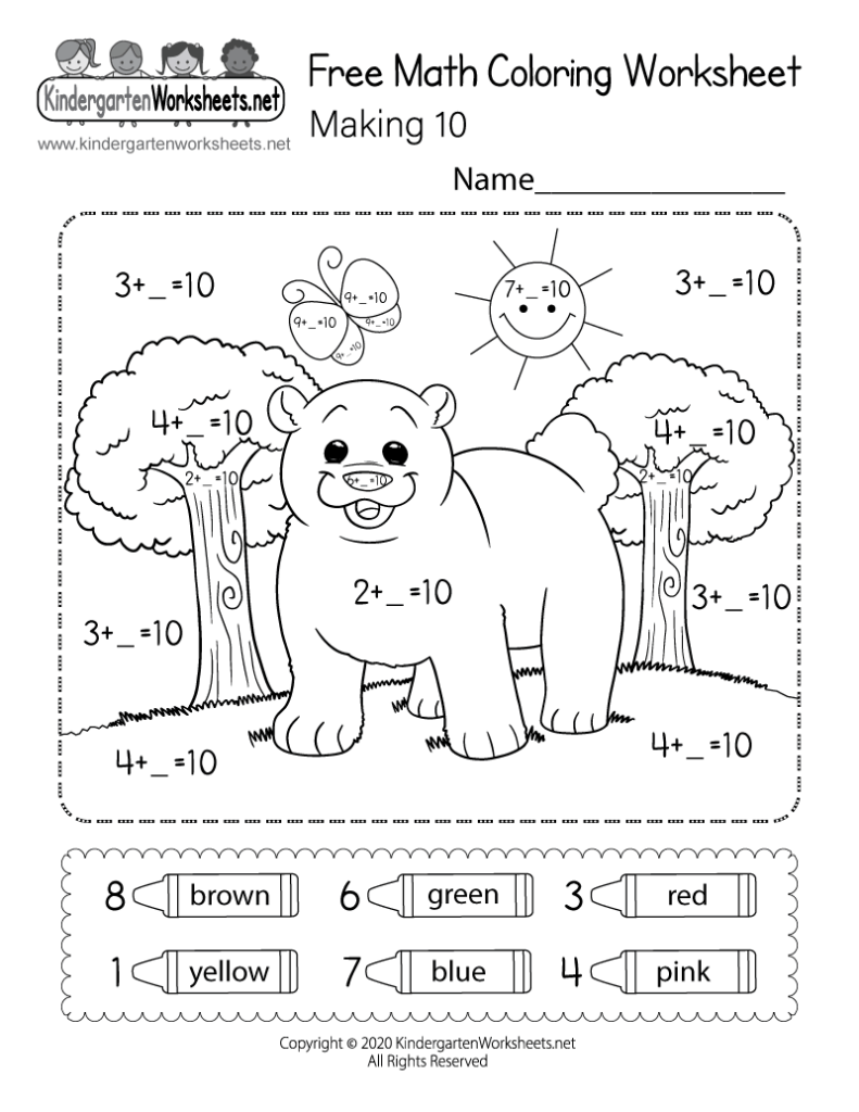 Black-and-white math coloring worksheet with bear, trees, sun, and butterflies