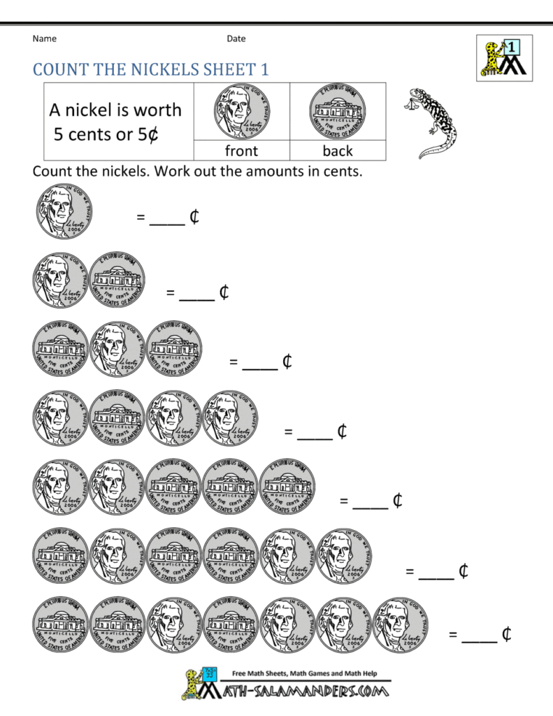 Printable nickel counting worksheet with coin pictures