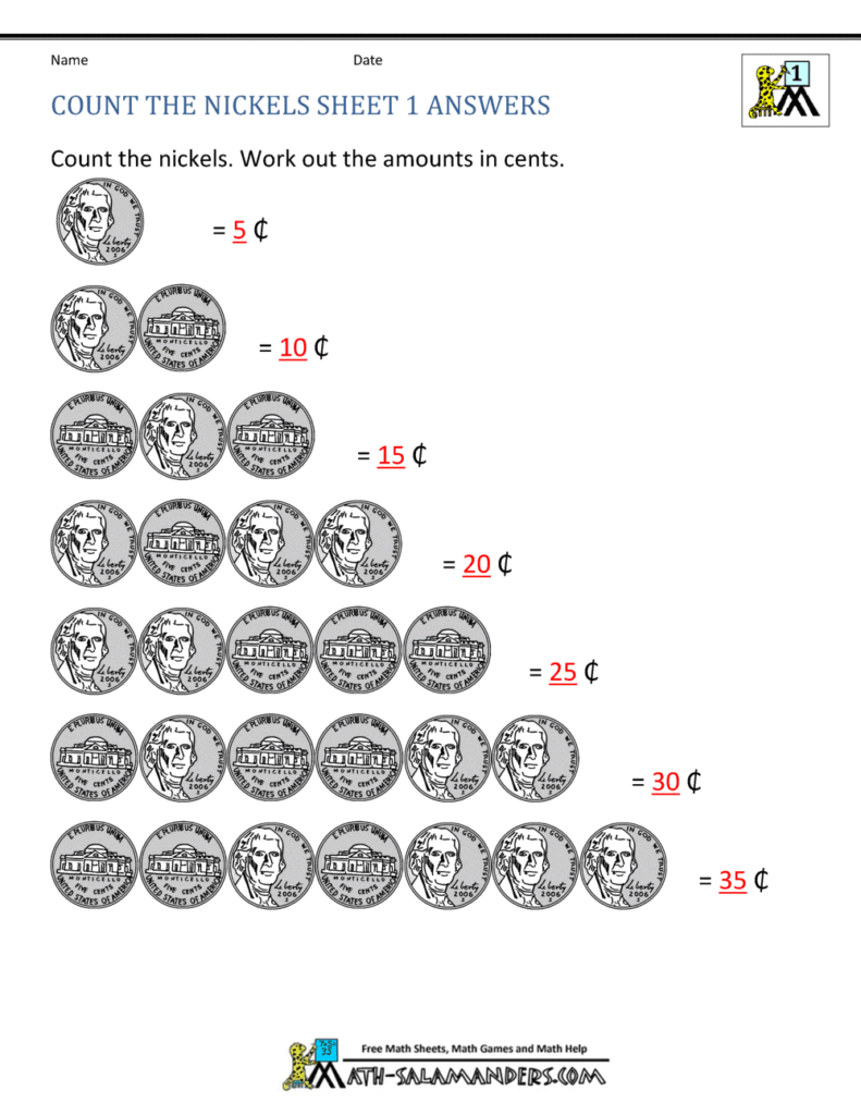 Nickel counting worksheet with coin rows and totals