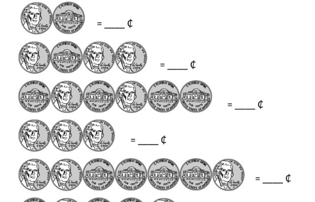 Counting nickels worksheet with coin pictures and blanks