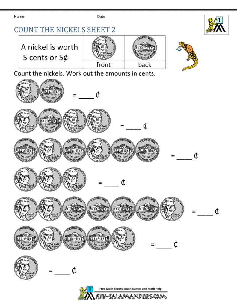 Counting nickels worksheet with coin pictures and blanks