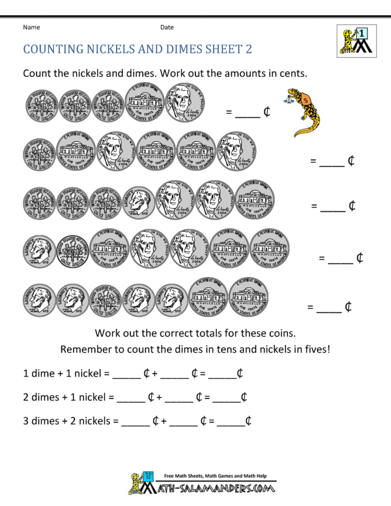 Counting nickels and dimes worksheet with coin rows