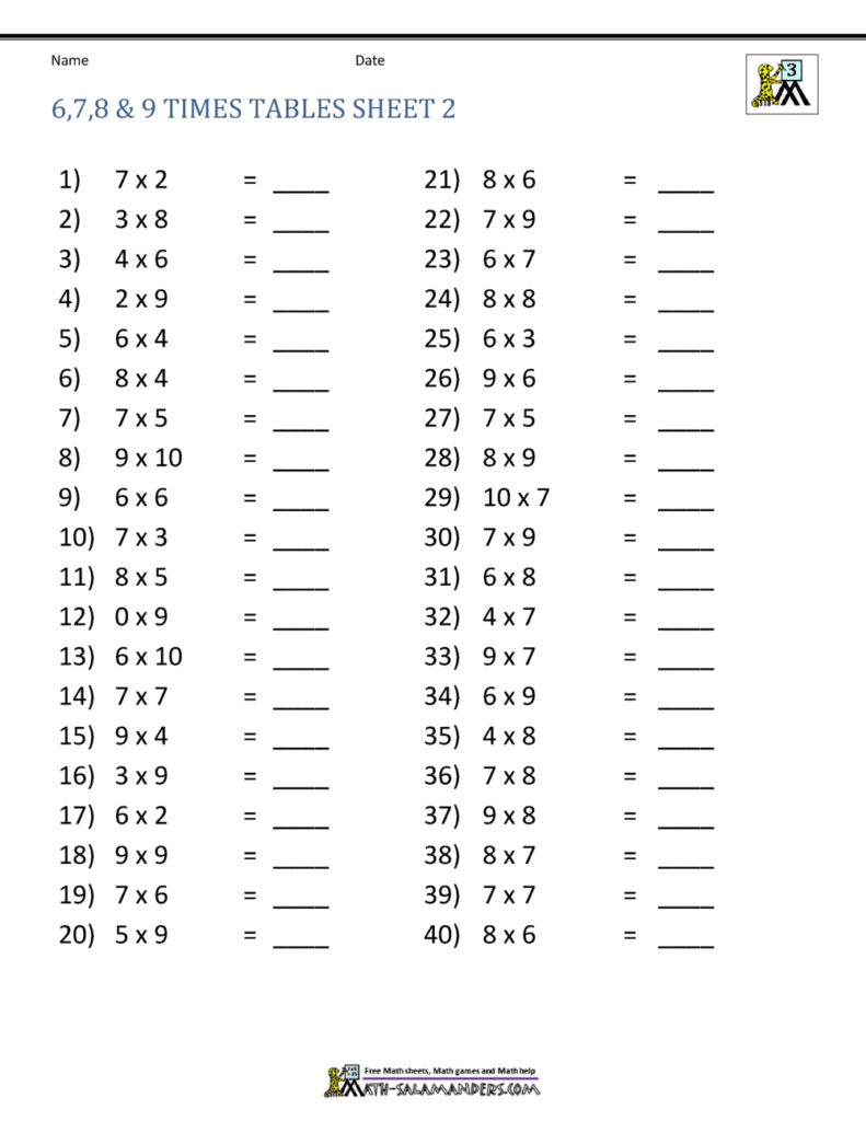 Multiplication worksheet with numbered times tables problems