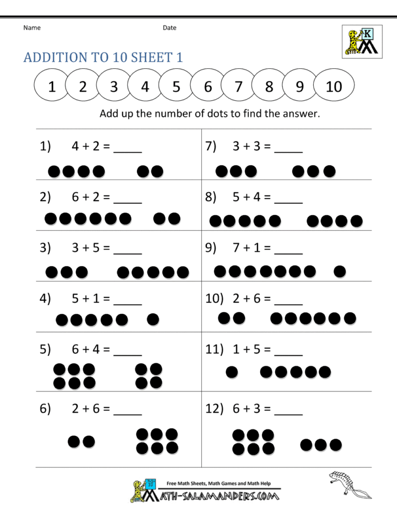 Addition to 10 math worksheet with dot problems
