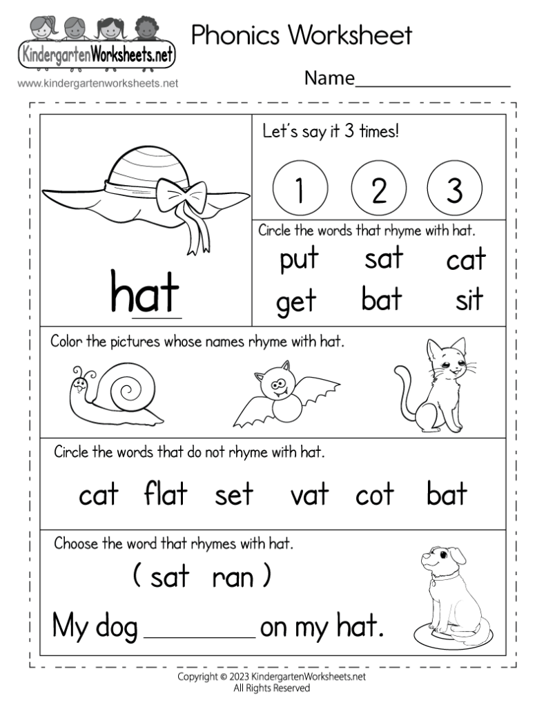 Phonics worksheet with hat drawings and rhyming words