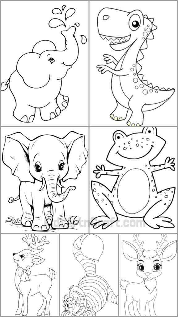 Grid of seven cartoon animal coloring page drawings