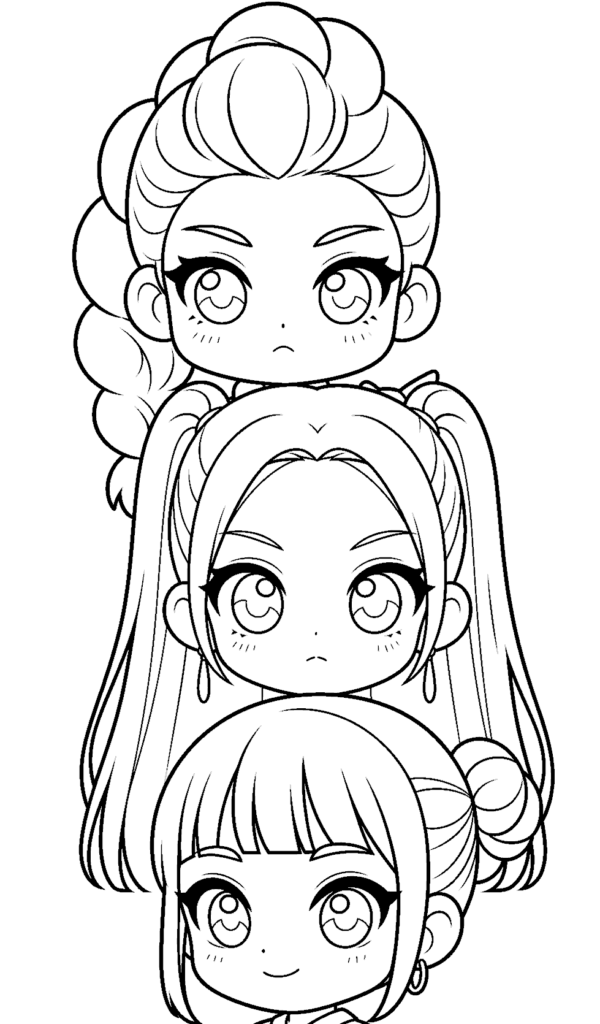 Three chibi girls stacked vertically in line art