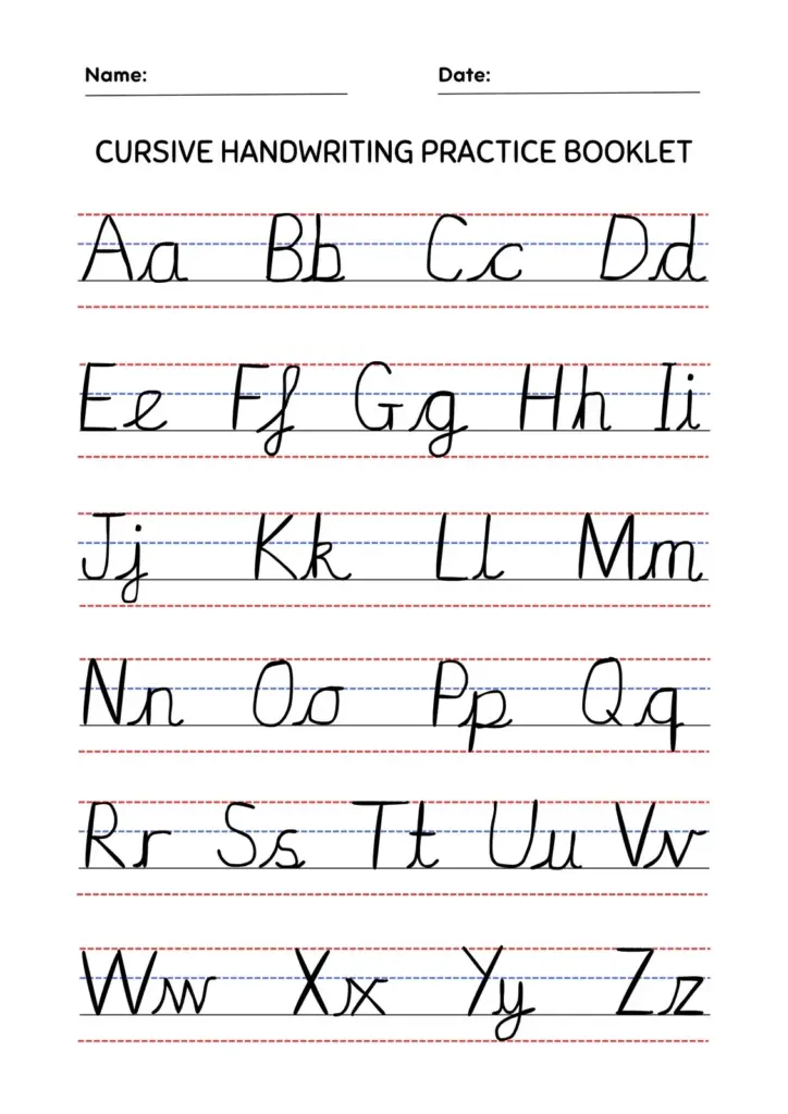 Cursive handwriting practice booklet with alphabet letters