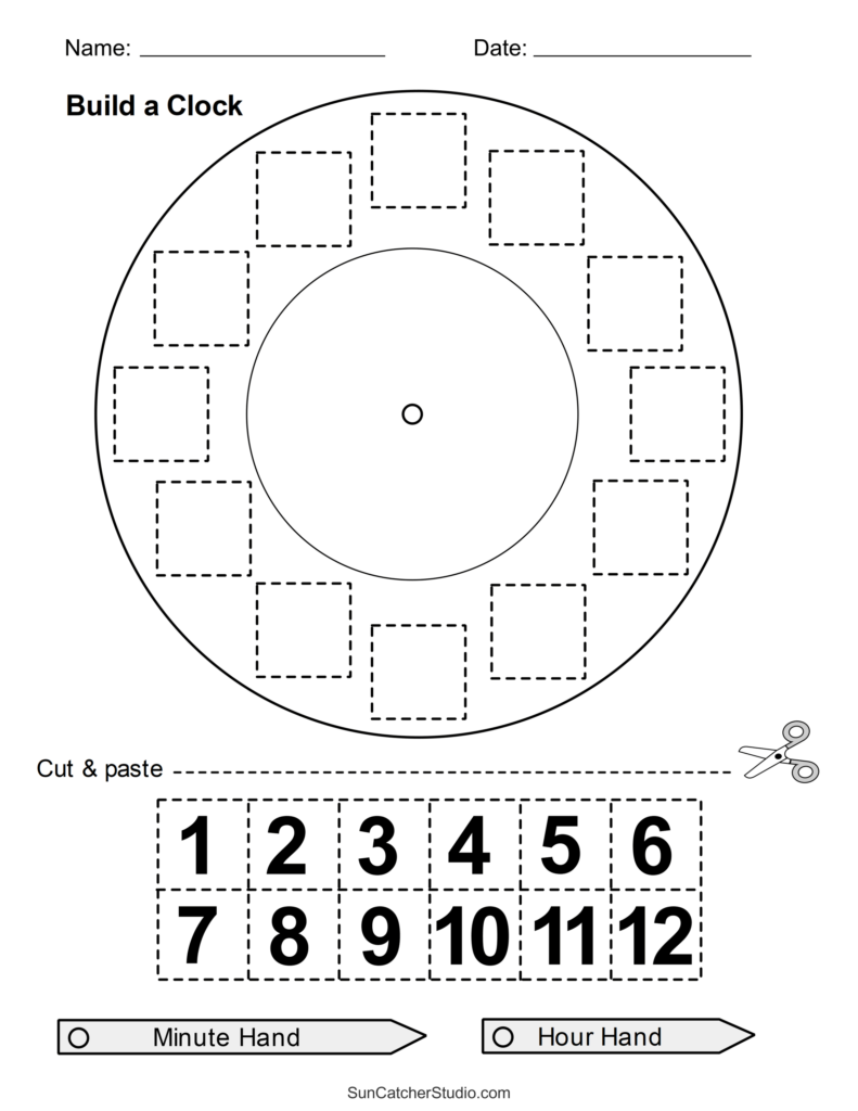 Printable build-a-clock worksheet with numbers and cutouts