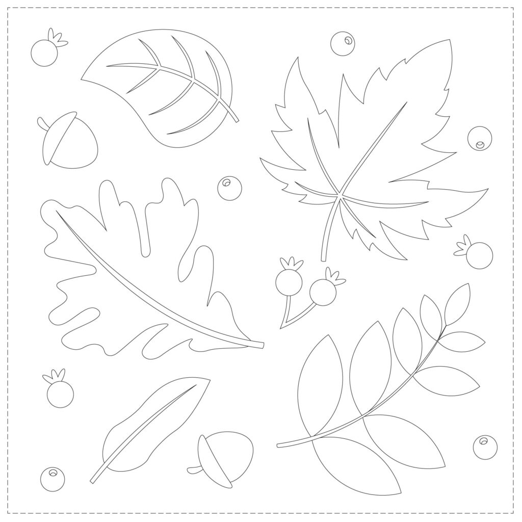 Black-and-white leaf and acorn outline coloring page