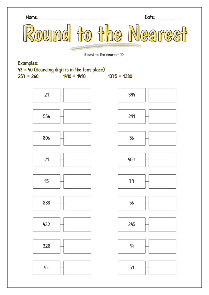 Math worksheet titled Round to the Nearest
