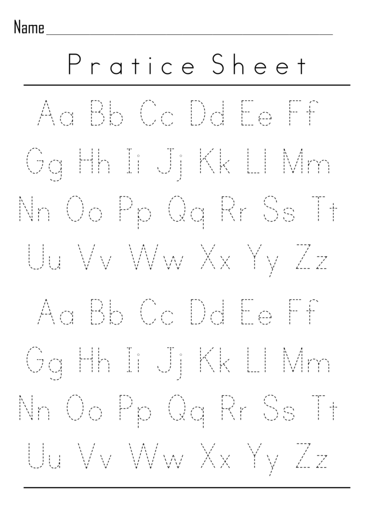 Alphabet tracing practice sheet with dotted letters and name line