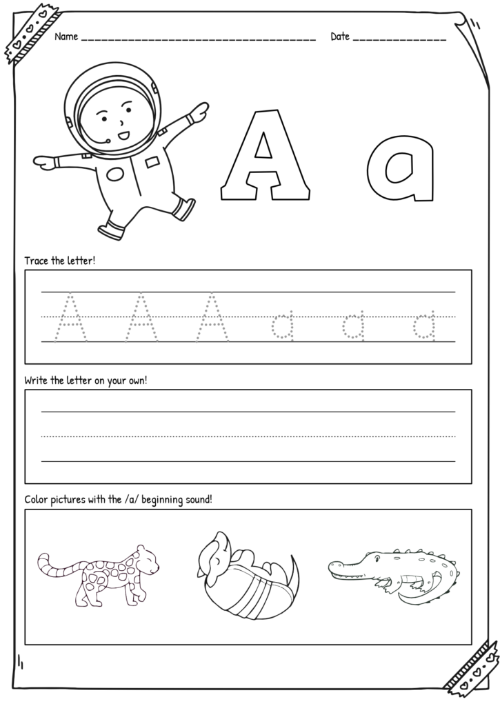 Astronaut jumping beside large A and tracing letters on worksheet.
