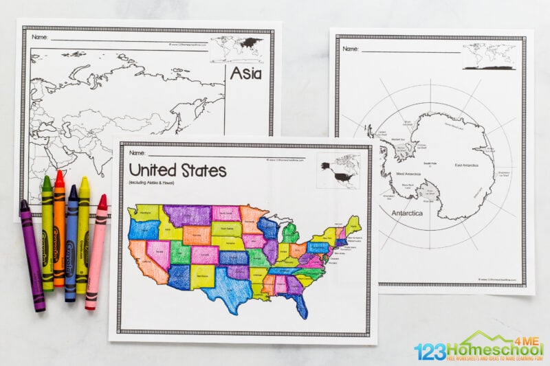Colorful United States map worksheet with crayons and two map pages