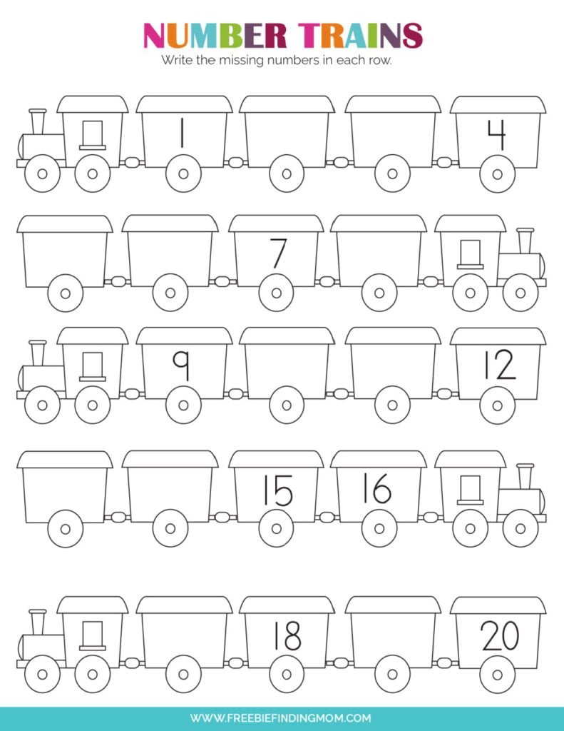 Number trains worksheet with missing numbers to fill in