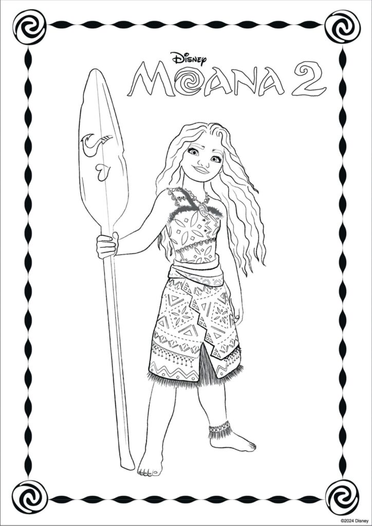Black-and-white Moana coloring page with staff