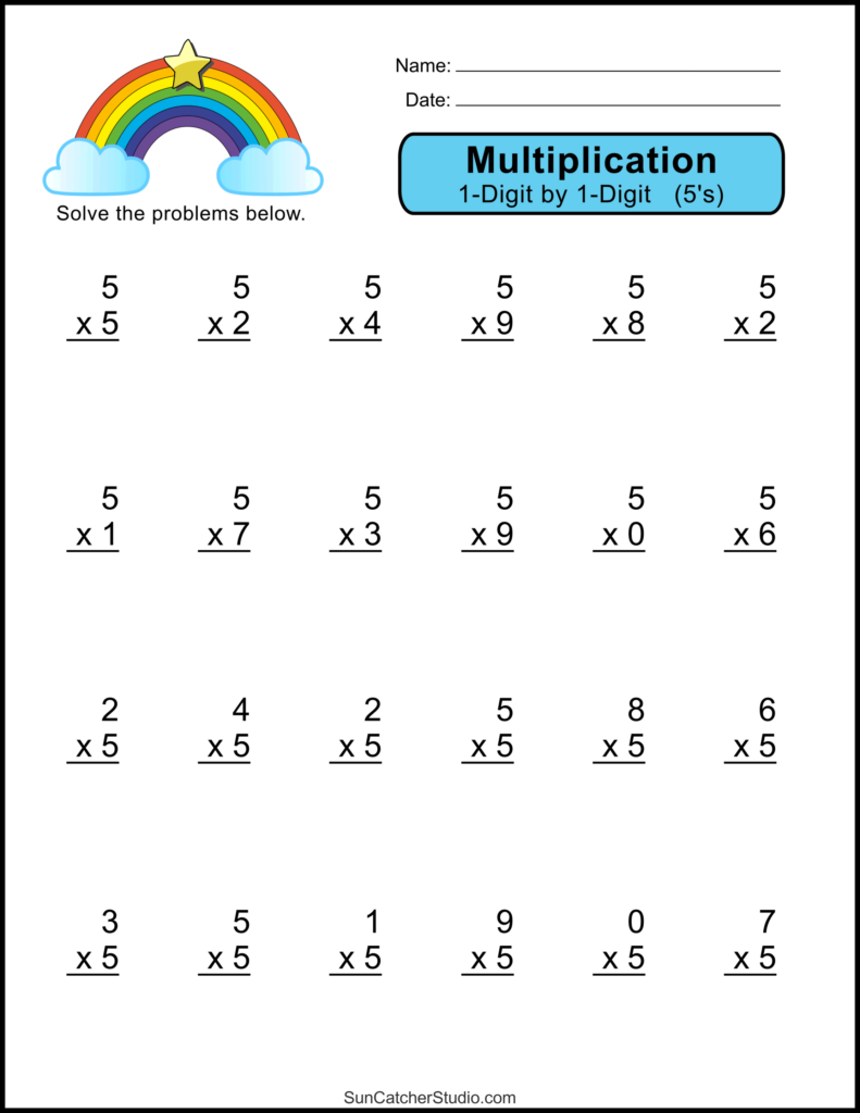 Rainbow-topped multiplication worksheet with many 5s problems