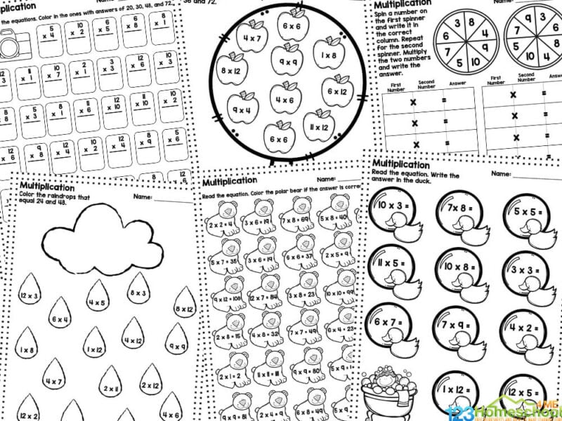 Black-and-white multiplication worksheet pages with number bubbles and ducks