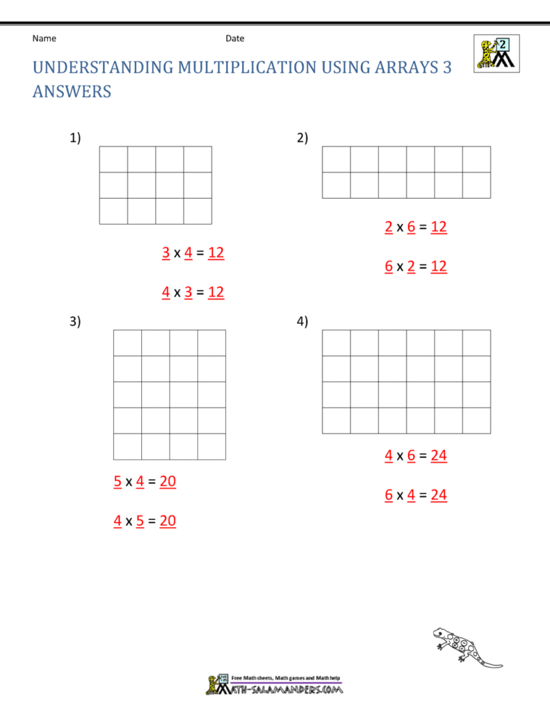 Multiplication array worksheet with four grids and answers