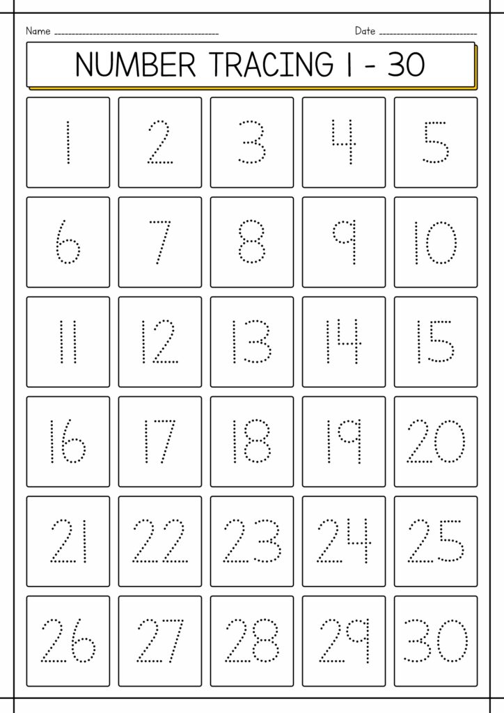 Number tracing worksheet with dotted numbers one to thirty