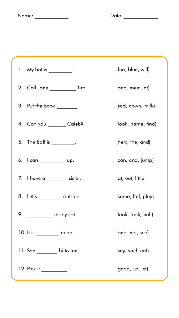 Orange-bordered worksheet with numbered fill-in-the-blanks and word bank.