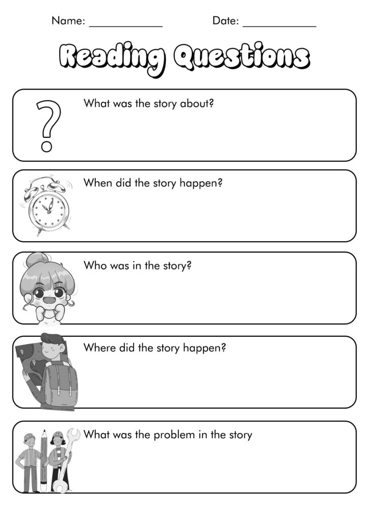 Reading questions worksheet with blank answer boxes
