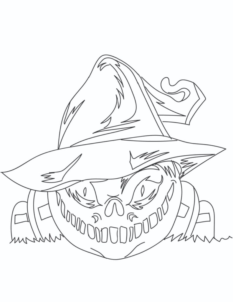 Line drawing of a grinning scarecrow with hat