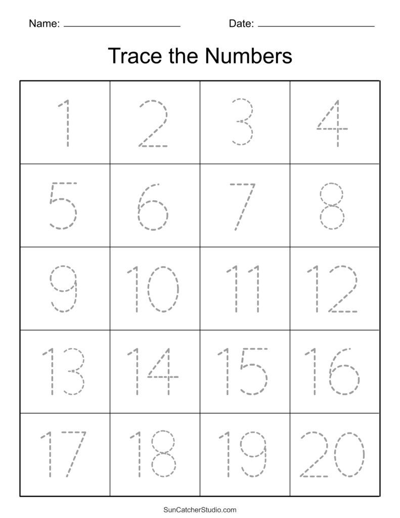 Number tracing worksheet with 1 through 20 grid