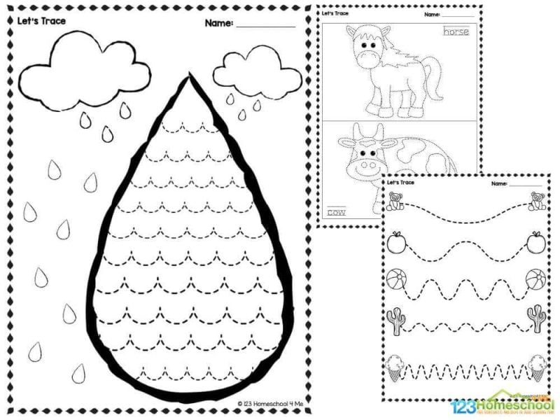 Printable tracing worksheets with raindrops and animal outlines