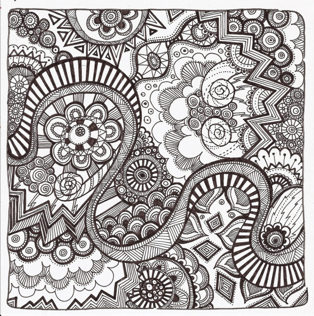 Black-and-white abstract doodle with circles and floral patterns