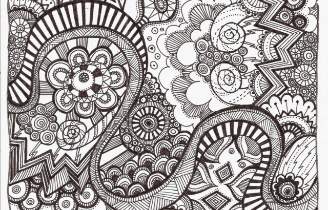 Black-and-white abstract doodle with circles and floral patterns
