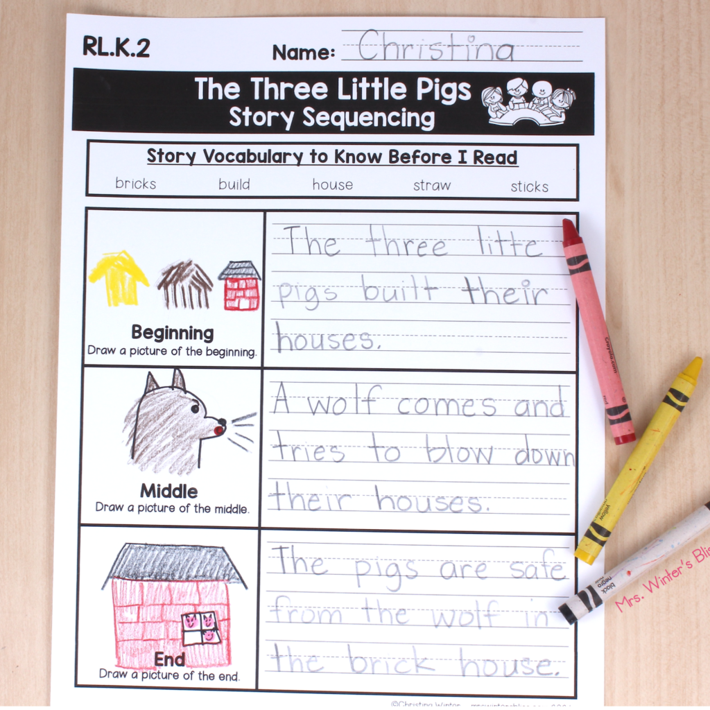 Three Little Pigs story sequencing worksheet with crayons