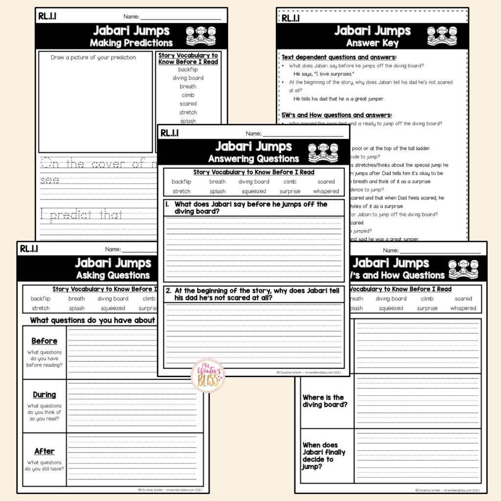 Collage of Jabari Jumps reading worksheets and answer keys