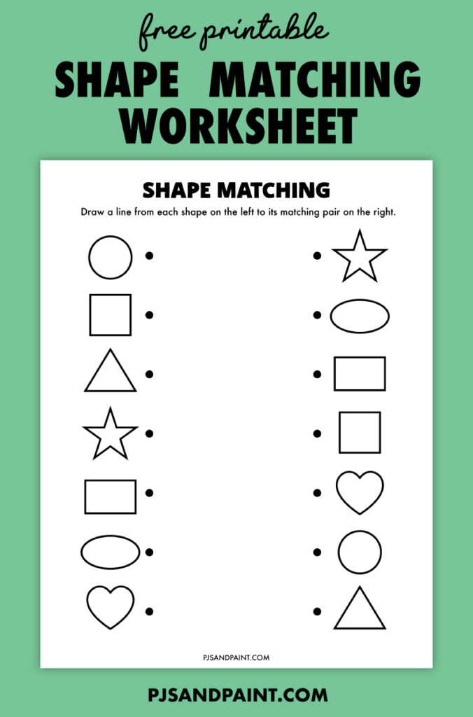 Printable shape matching worksheet with circles, squares, triangles, stars, hearts, ovals